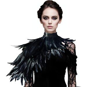 Women Feather Cape Shawl Costume Black Witch Wings Collar Adult Crow Neck